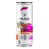 The 355ml Celsius - Sunset Vibe Sparkling Mango Passion Fruit can features tropical palm tree graphics and emphasizes zero sugar, essential vitamins, and high caffeine content.